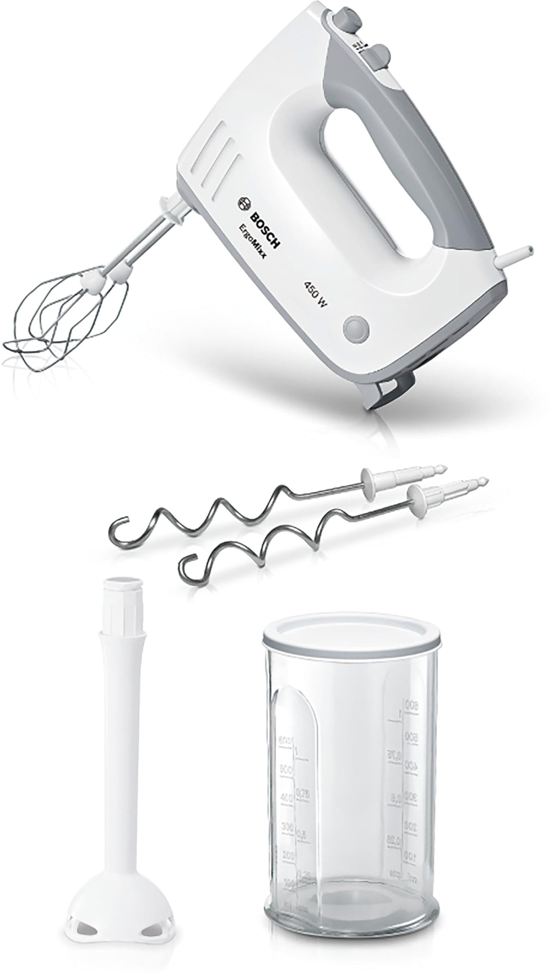 Bosch Hausgeräte Handrührer ErgoMixx MFQ36440, 2 Rührbesen, 2 Edelstahl-Knethaken, Pürierstab, Beche