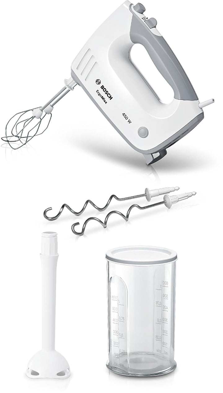 Bosch Hausgeräte Handrührer ErgoMixx MFQ36440, 2 Rührbesen, 2 Edelstahl-Knethaken, Pürierstab, Beche