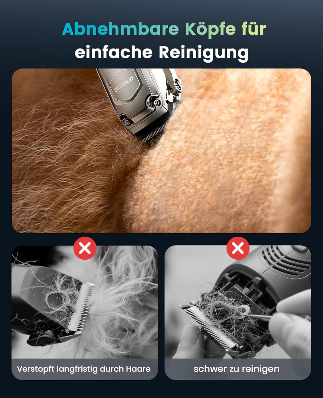 oneisall Kabellose Leise Schermaschine Pferd Hund Langhaar dickes Fell, Hundeschermaschine mit abneh
