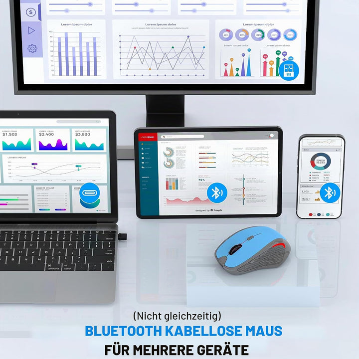 Ergonomische Maus Kabellos für Laptop/PC/MacBook/iPad, 2.4GHz &amp; Bluetooth Büro Stumme Funkmaus, 1600