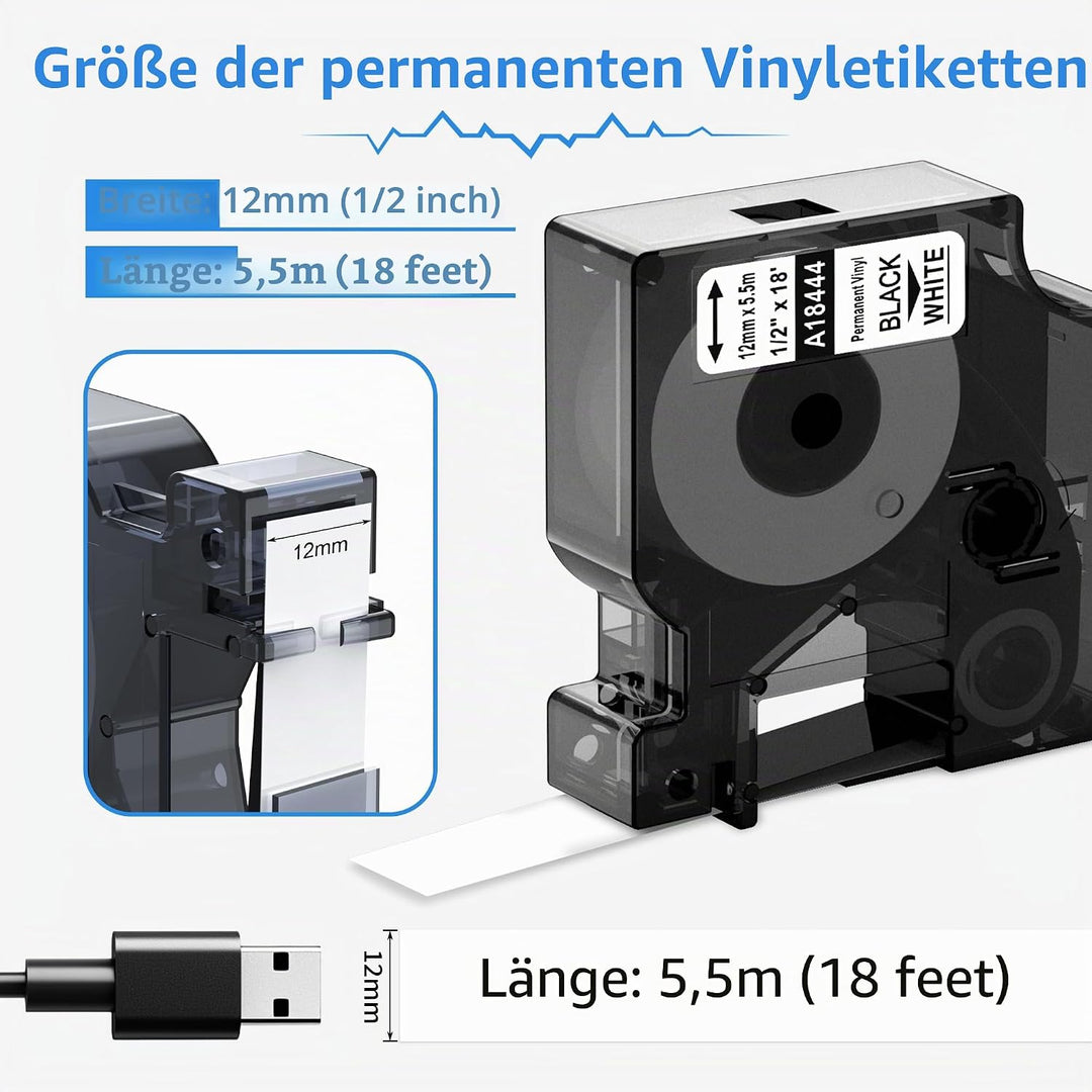 5x 18444 Industrie-Vinyletiketten kompatibel mit Dymo Rhino Industrie Vinyletiketten, 12mm x 5,5m, S