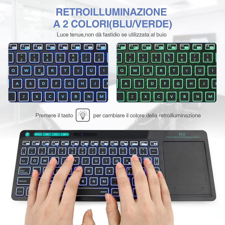 Rii Mini i18S Wireless + Bluetooth Kompakte Tastatur mit grosser Maus Touchpad und LED-Hintergrundbe