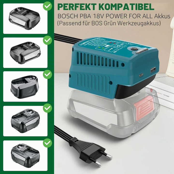 Schnellladegerät für Bosch 18V PBA Gome und Garten Ladegerät,mit USB & Type-C Output,Eingang 220V, A