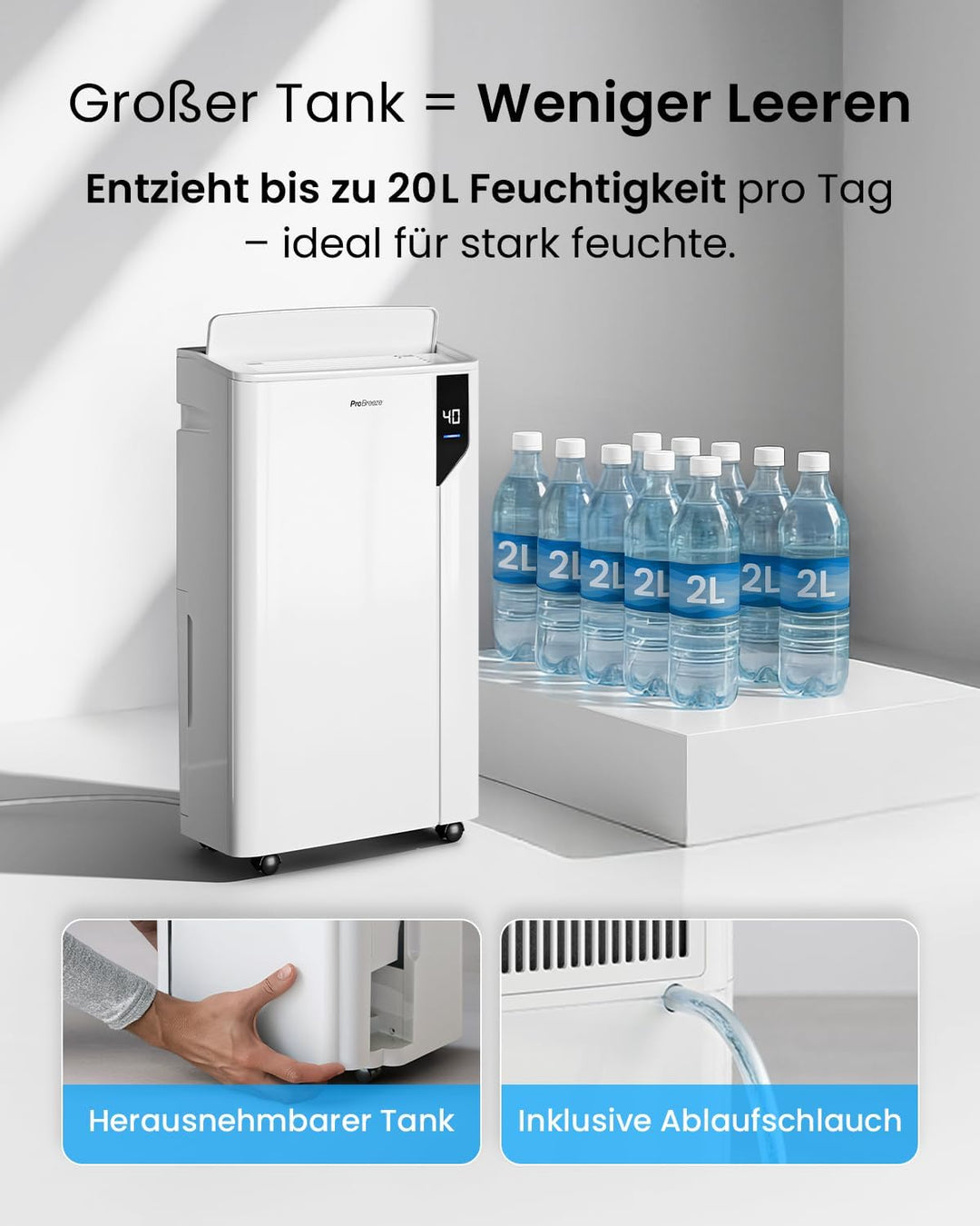 Pro Breeze Luftentfeuchter 20L in 24h Entfeuchtungsleistung - Luftentfeuchter elektrisch mit Wäschem