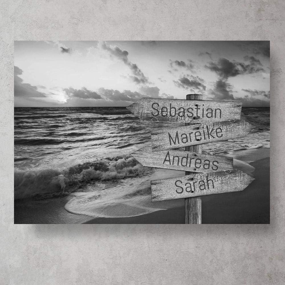 Deutsam Individuelle Leinwand Wegweiser Strand Schwarz weiss mit eigenen Namen Geschenk für Verliebt
