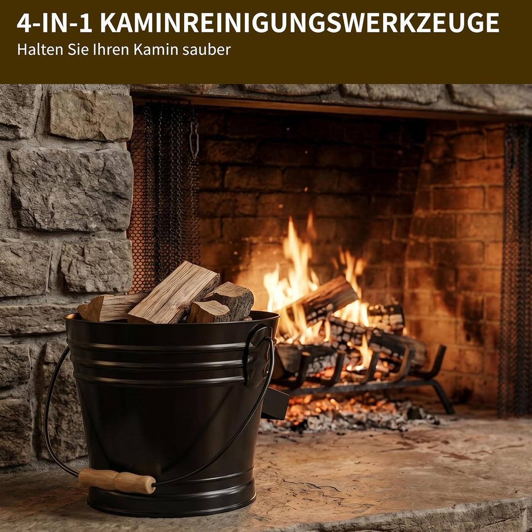 Stahlascheimer mit Deckel für Kamine, 5L Metall-Ascheeimer inklusive Handschuhe, Schaufel und Handfe