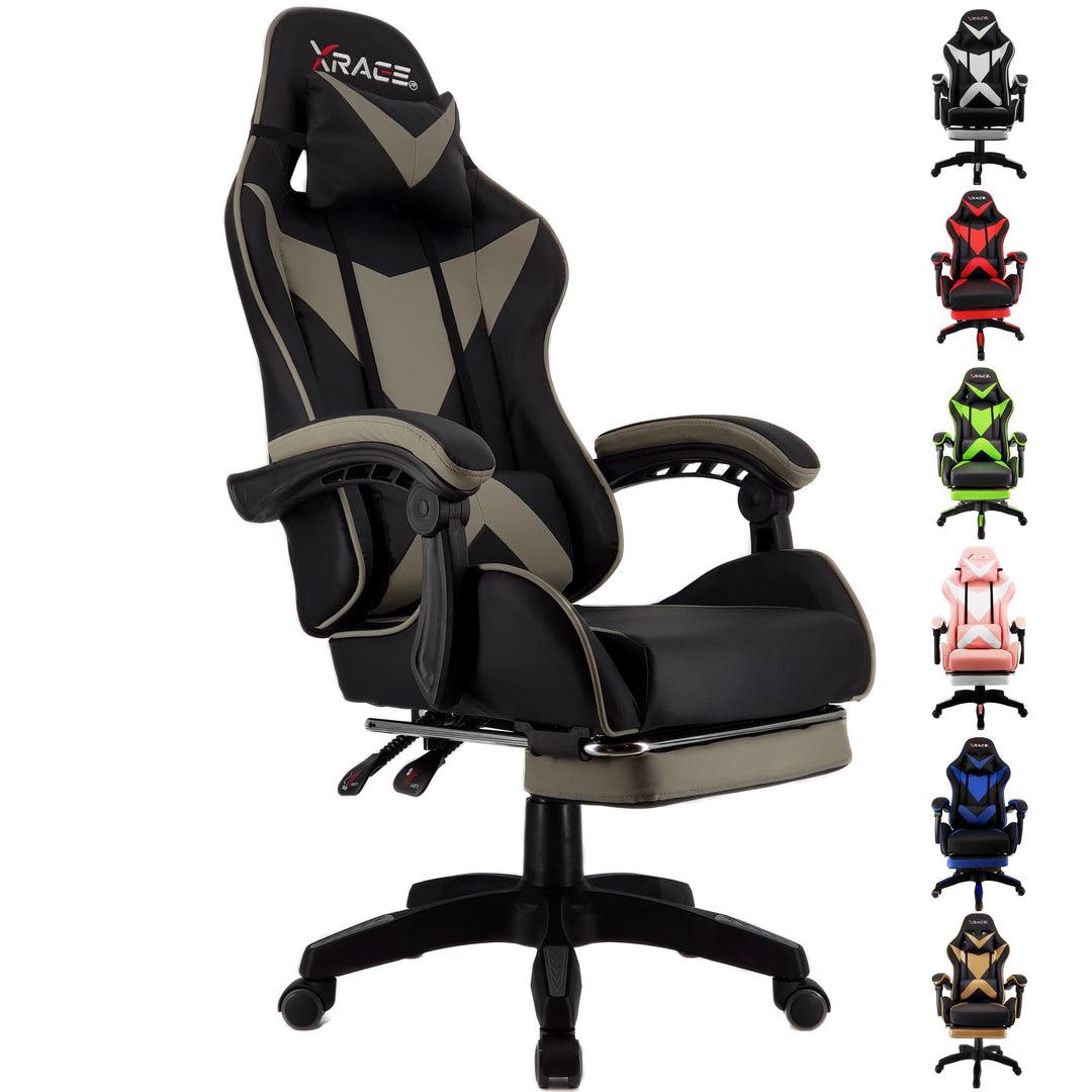 xRace Gaming-Stuhl Hoher Drehstuhl aus Leder mit Lendenwirbelstütze, Kopfstütze und Fussstütze, vers