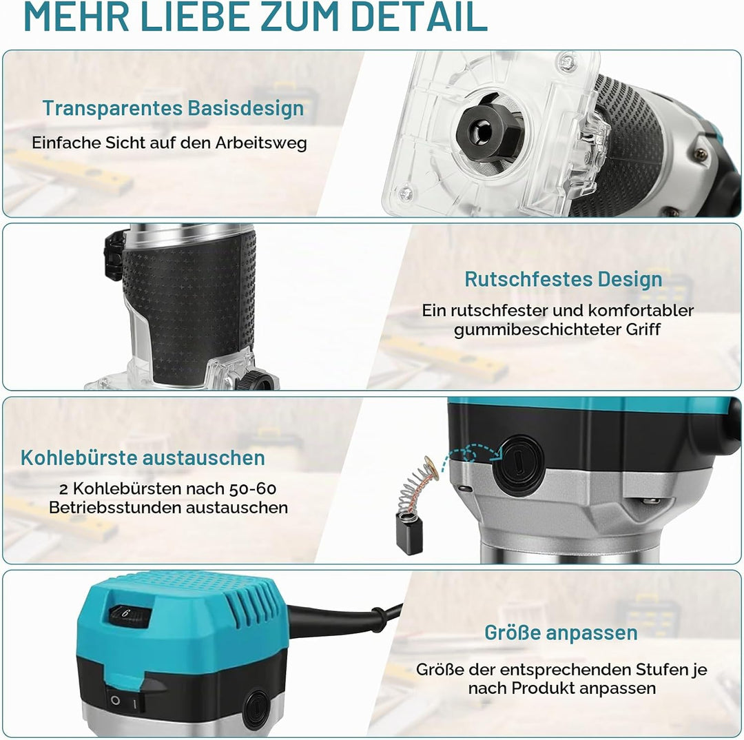 Holzfräse Oberfräse Electric Hand Holz Fräsmaschine mit Koffer - 15 Set Zubehör 980 W 330000 R/min 6