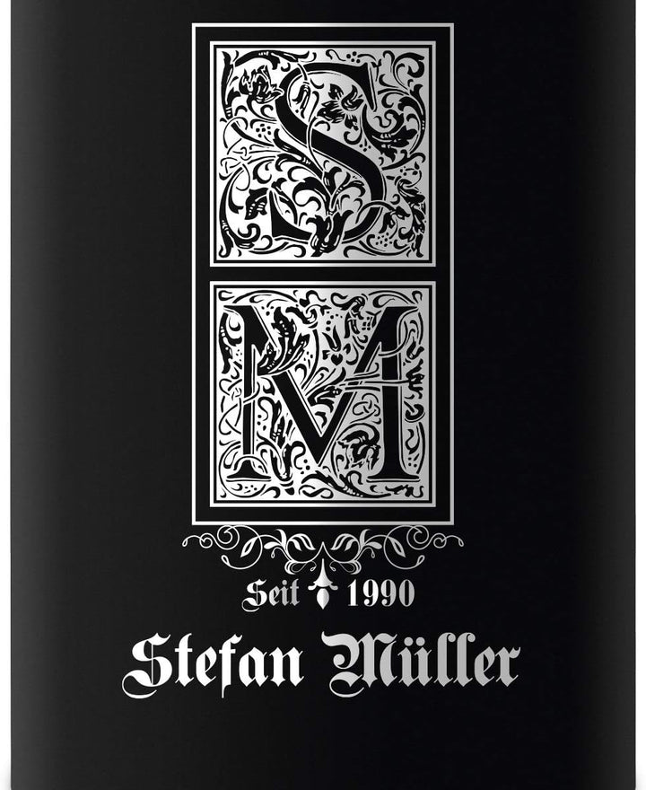 Flachmann Edelstahl Schwarz Matt 237 ml 8 oz individuelle Gravur in Silber - Verzierte Initialen, Ve