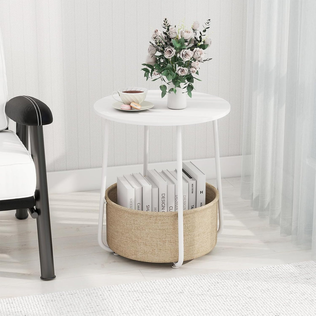 GYMAX Beistelltisch rund, Kleiner Tisch mit 2 Ebenen &amp; abnehmbarem Stoffkorb, Sofatisch mit Metallra