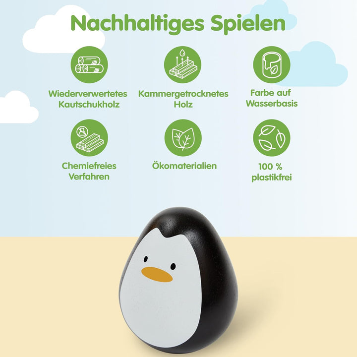 PlanToys® Stehaufmännchen Pinguin Holz | Wackeltier &amp; Greifling für Babys | Montessori-Holzspielzeug
