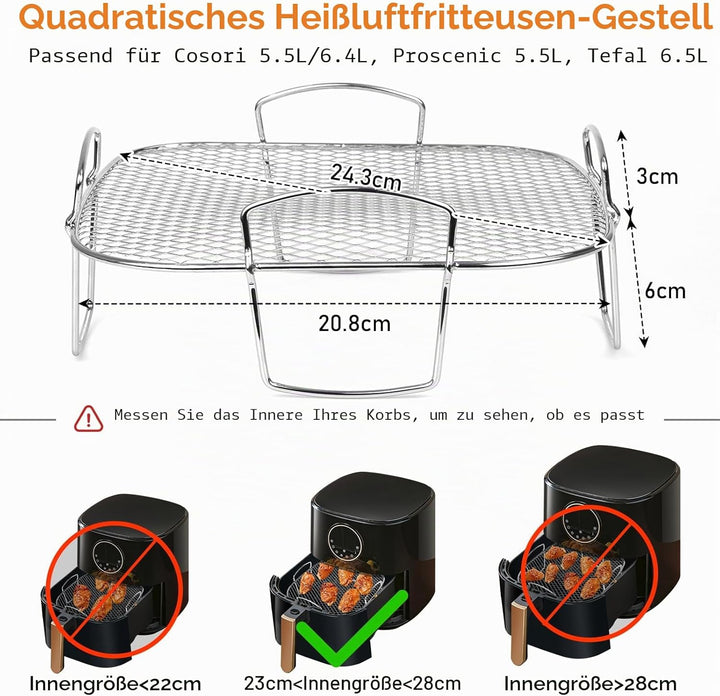 Air Fryer Rack für Cosori 5,5 l, quadratisches Luftfritteusen-Zubehör, Edelstahl-Luftfritteusen-Rega