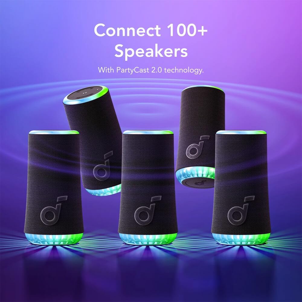 soundcore Glow Mobiler Lautsprecher mit 30W 360° Rundum-Sound, Synchronisierte Lichtstrahlen, 18h Wi
