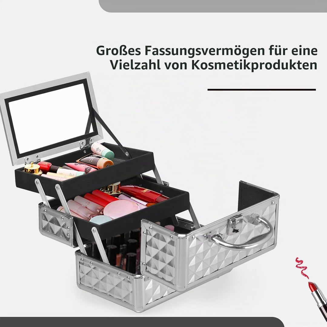 HOMASIS Kosmetikkoffer mit Spiegel, Mini Schminkkoffer mit 3 Ebenen, tragbarer Beauty Case mit Griff