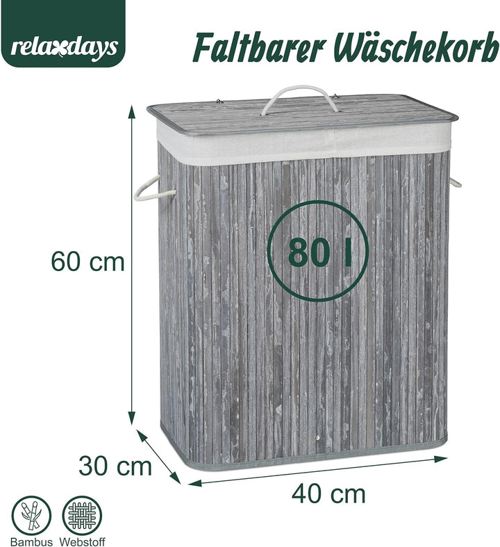 Relaxdays Wäschekorb mit Deckel, Bambus, 80 Liter, Faltbarer Wäschesammler, HxBxT: 60 x 40 x 30 cm,