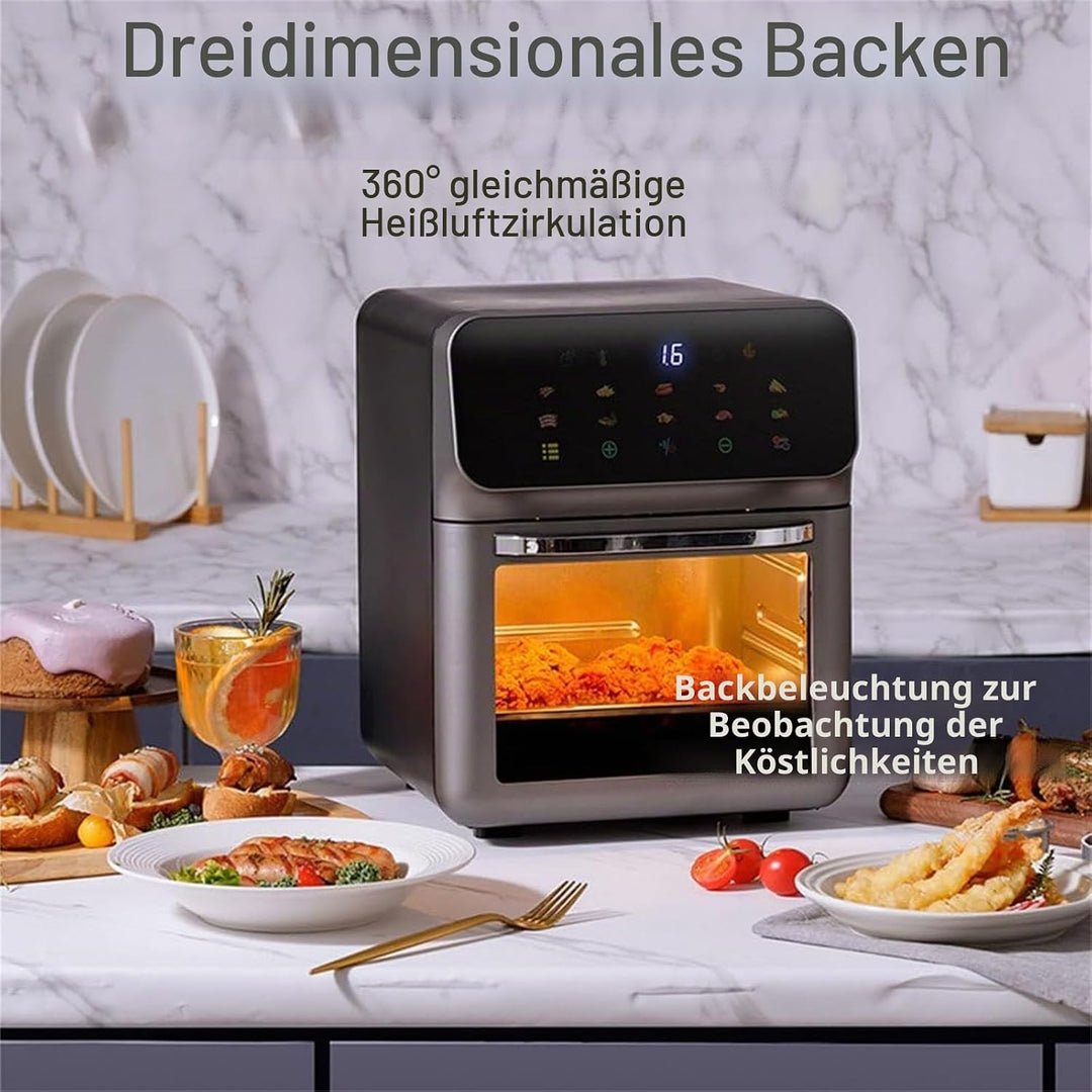 Heissluftfritteuse Backofen 13L Dörrautomat Minibackofen mit LED-Touchscreen, Ober-/Unterhitze, 15-6