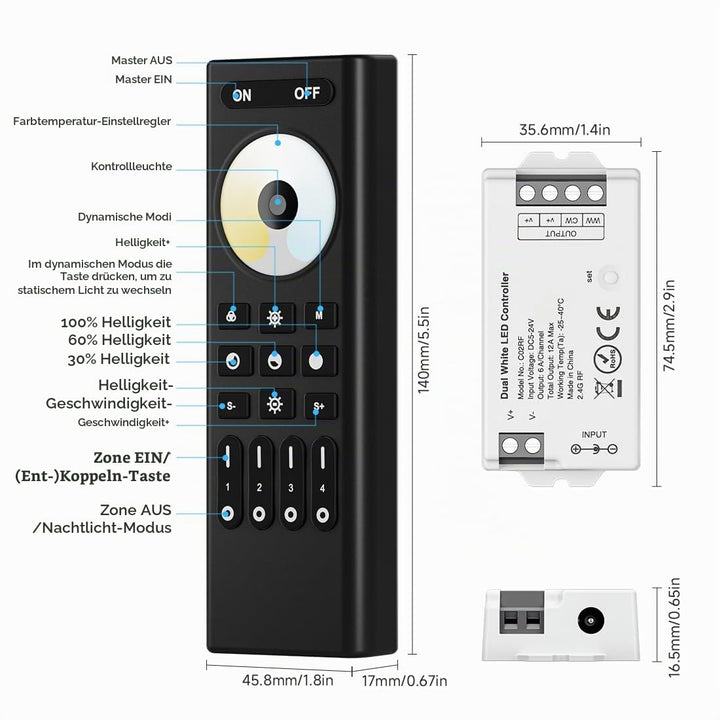 FCOB 5050SMD COB CCT C02RF 2.4G RF Steuergerät&amp;RC02RFB Fernbedienung Kit | 4 Zonen RF 2.4GHz drahtlo
