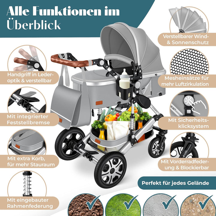KESSER® Loops 3 in 1 Kinderwagen Kombikinderwagen Komplett-Set inkl. Babywanne & Buggy Sportsitz & A