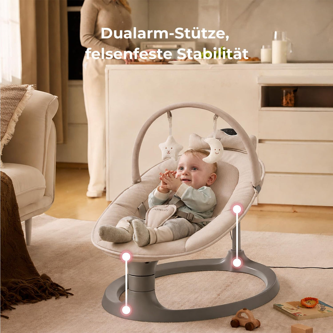 Momcozy 2-in-1 Elektrische Babywippe, 4 Bewegungen & 4 Geschwindigkeiten, Doppelarm-Struktur, 2 Lieg