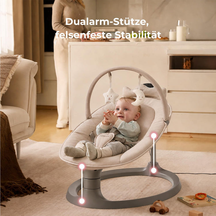 Momcozy 2-in-1 Elektrische Babywippe, 4 Bewegungen & 4 Geschwindigkeiten, Doppelarm-Struktur, 2 Lieg