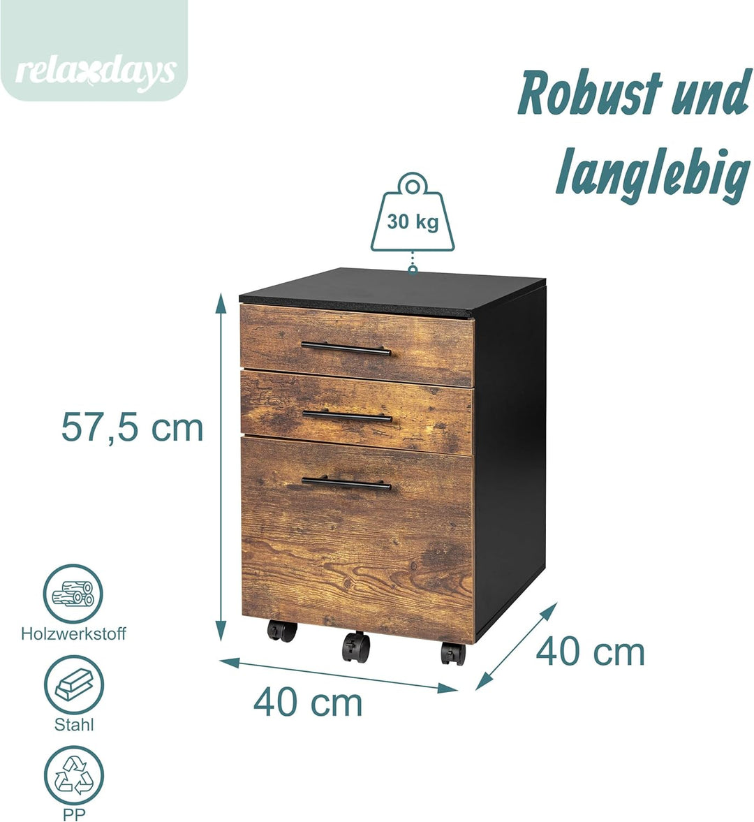 Relaxdays Rollcontainer, 3 Schubladen, Hängeregister, HxBxT: 57,5 x 40 x 40 cm, Aktenschrank auf Rol