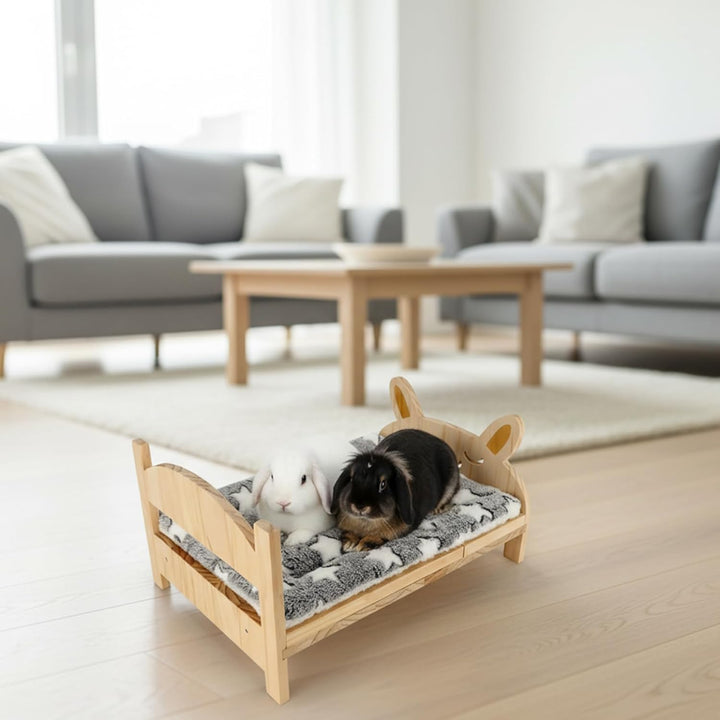 NIDONE Häschenbett aus Holz, niedliches Kleintierbett mit weicher Decke, 2-in-1, abnehmbar, für Meer