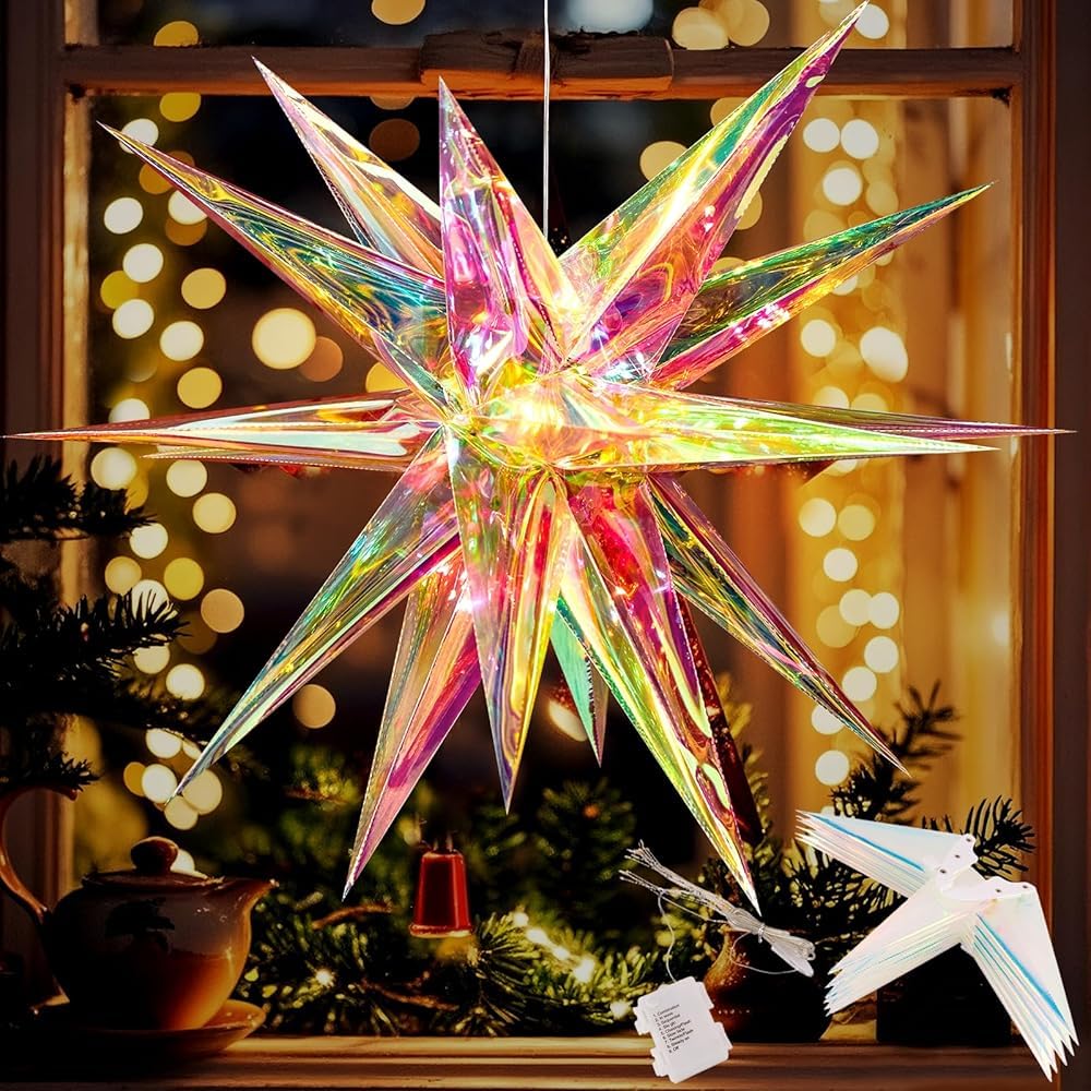 EASY JOY 60cm Weihnachtsstern Beleuchtet Faltstern mit 18 Spitzen Schillernder 3D-Stern Leuchtstern