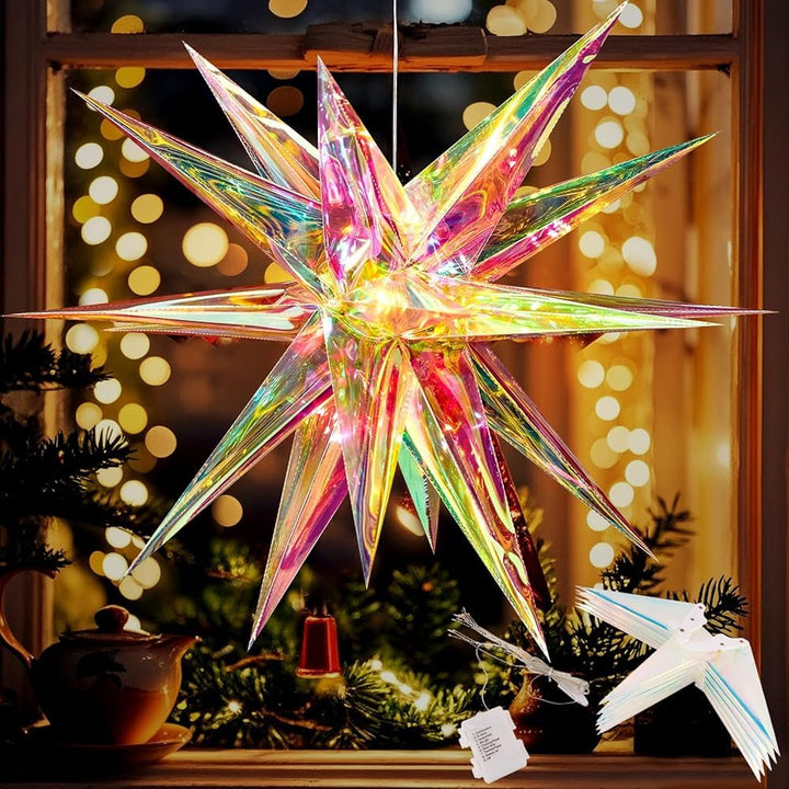 EASY JOY 60cm Weihnachtsstern Beleuchtet Faltstern mit 18 Spitzen Schillernder 3D-Stern Leuchtstern