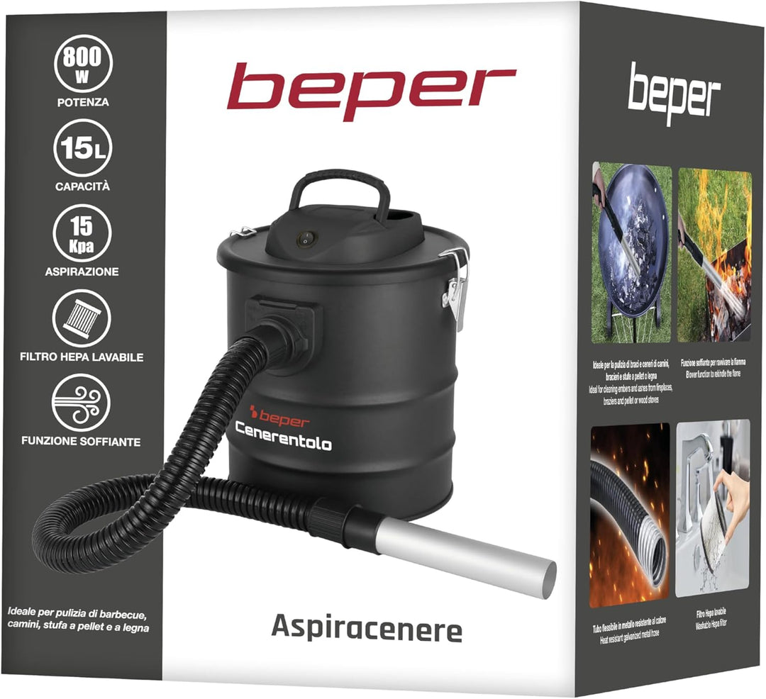 BEPER P202ASP250 Professioneller Aschesauger 800W, 15-Liter-Tank, Hepa-Filter, Gebläsefunktion, Stau