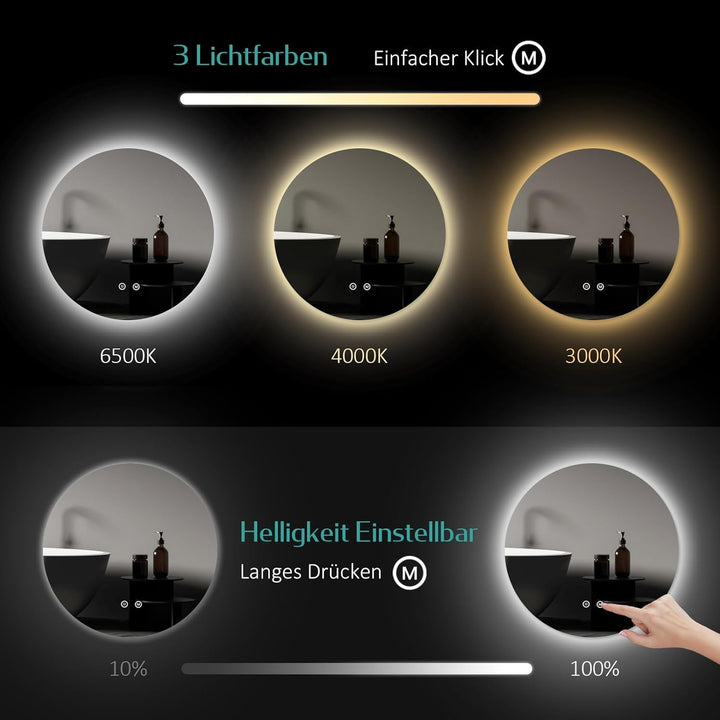 EMKE Badspiegel mit Beleuchtung rund 70cm, 3 Lichtfarbe | Badezimmerspiegel mit dimmbar, Touchschalt