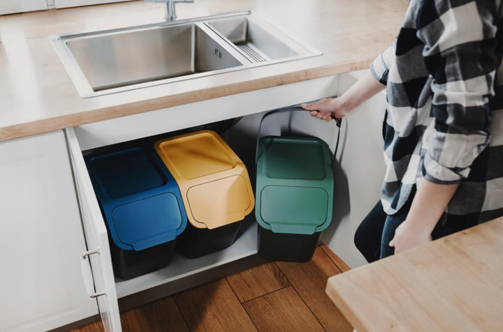Go Practic Set Mülleimer und Bioaktivkohlefilter Stapelbox Klick-Deckel Abfalltrennsystem Küche Müll