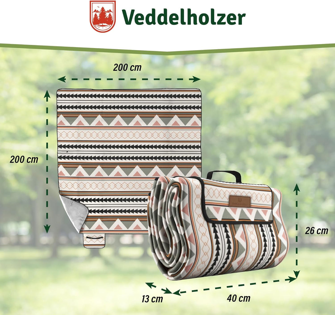 Veddelholzer 200 x 200 cm Boho Picknickdecke wasserdicht, sandfeste Stranddecke XXL isoliert & gepol