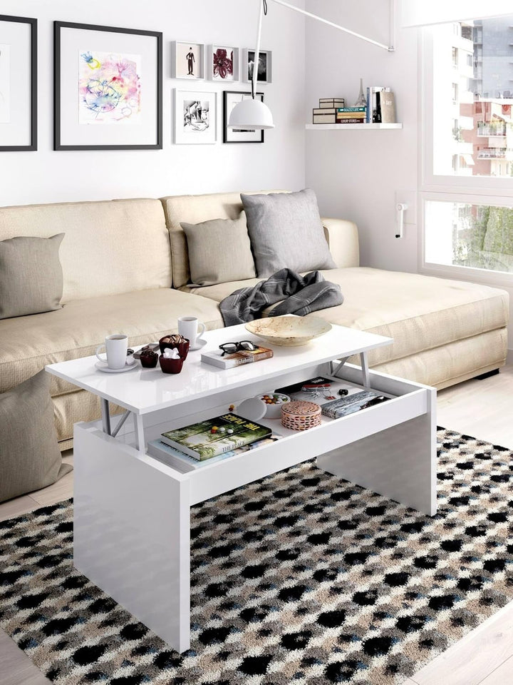 Dmora Cuar, Wohnzimmer Zeitschriftenhalter mit Stauraum, Couchtisch erhöht, 102x50h43 cm, Weiss, Wei