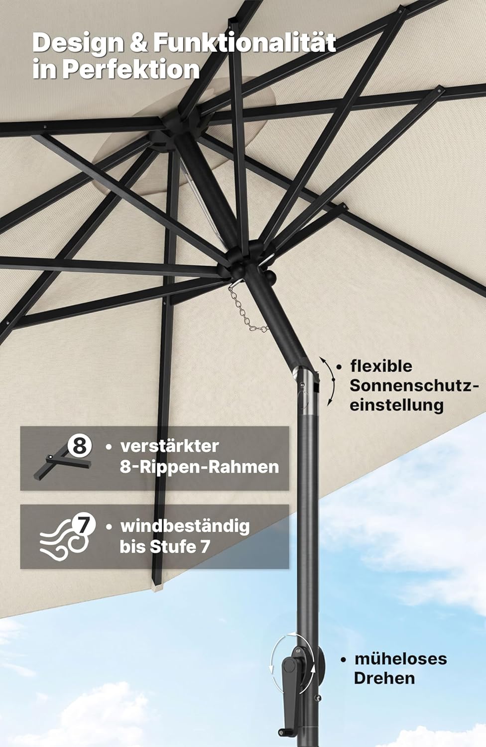 4smile Sonnenschirm 300 cm, mit Kurbel – grosser Sonnenschirm Balkon für die Terrasse, mit UV 50+ Sc