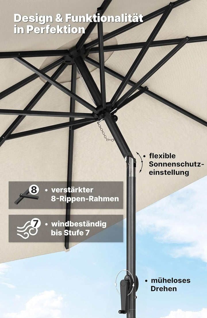 4smile Sonnenschirm 300 cm, mit Kurbel – grosser Sonnenschirm Balkon für die Terrasse, mit UV 50+ Sc