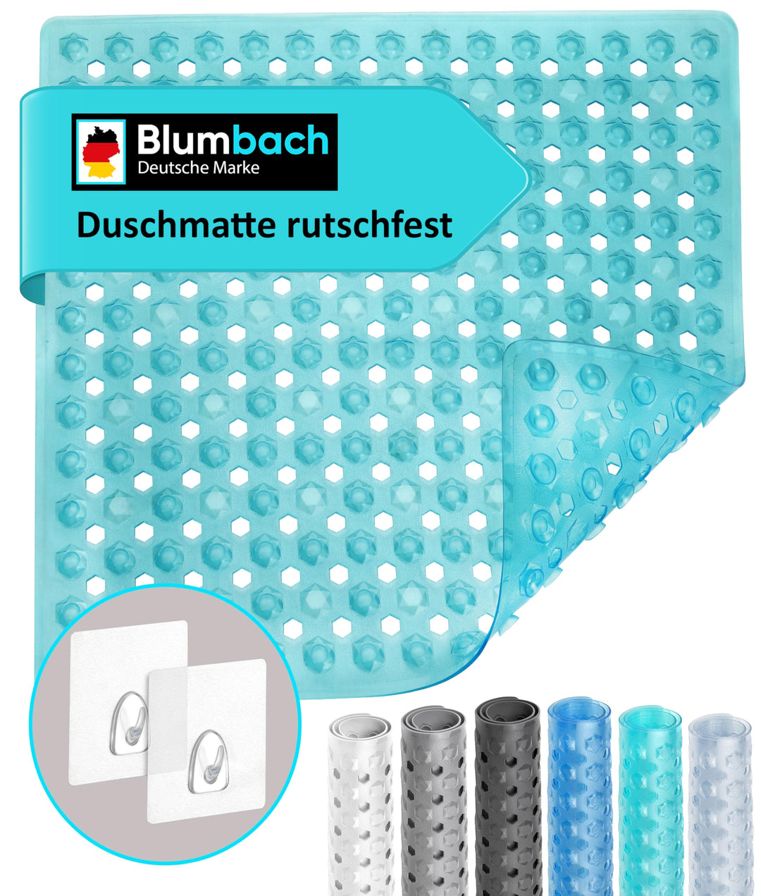 Blumbach® Duschmatte rutschfest 53x53cm - 100% BPA-frei - Inkl. 2 Haken zum Aufhängen - griffige Ant