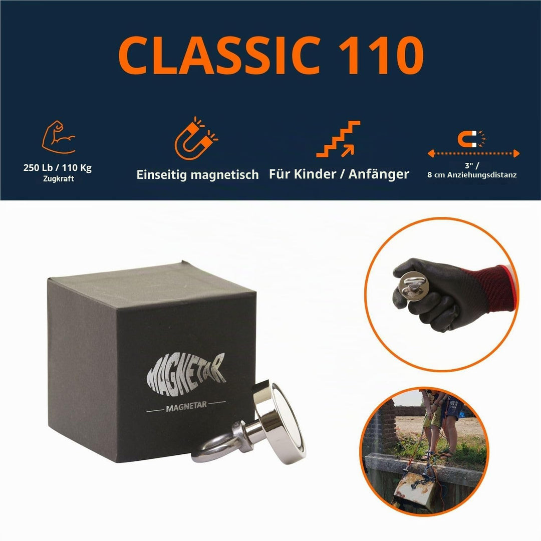 Magnetar - Magnetfischen Set - Einseitig 110kg Bergemagnet - Magnetangel Paket mit Topfmagnet/Seil/K