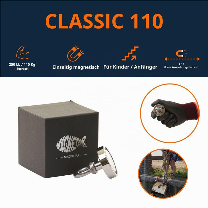 Magnetar - Magnetfischen Set - Einseitig 110kg Bergemagnet - Magnetangel Paket mit Topfmagnet/Seil/K