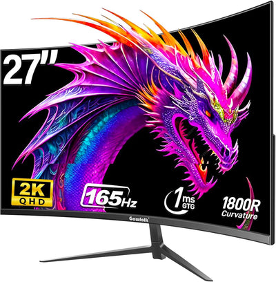 Gawfolk 27 Zoll Curved Gaming Monitor QHD 165Hz, PC Bildschirm Gebogen 2560X1440P, Rahmenloses 1800R