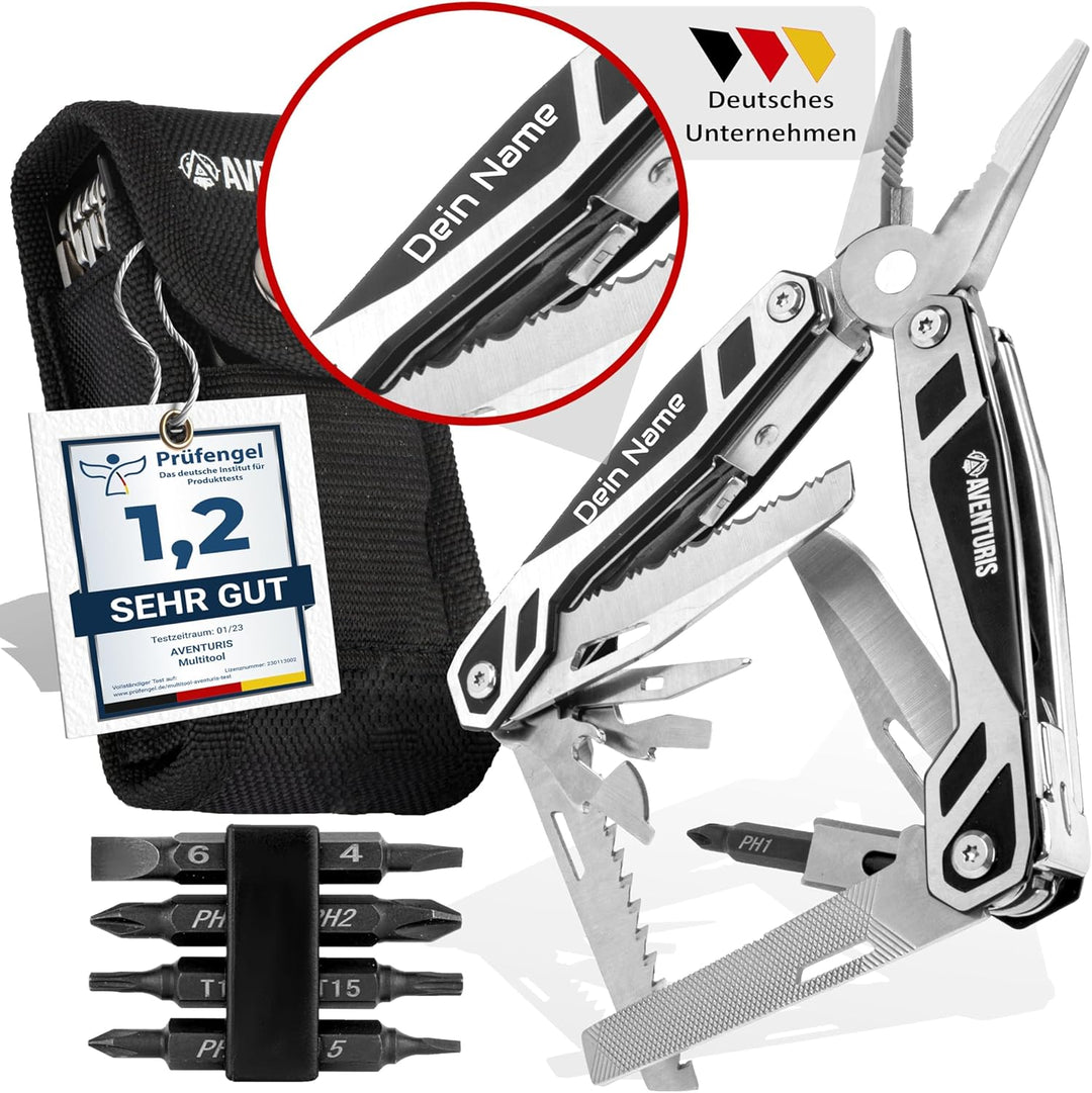 AVENTURIS® Multitool-Werkzeug -PERSONALISIERBAR- 21 Funktionen [Edelstahl] Ein Multifunktionswerkzeu