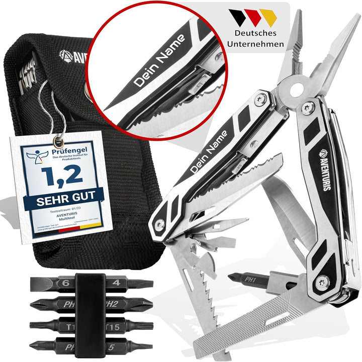 AVENTURIS® Multitool-Werkzeug -PERSONALISIERBAR- 21 Funktionen [Edelstahl] Ein Multifunktionswerkzeu