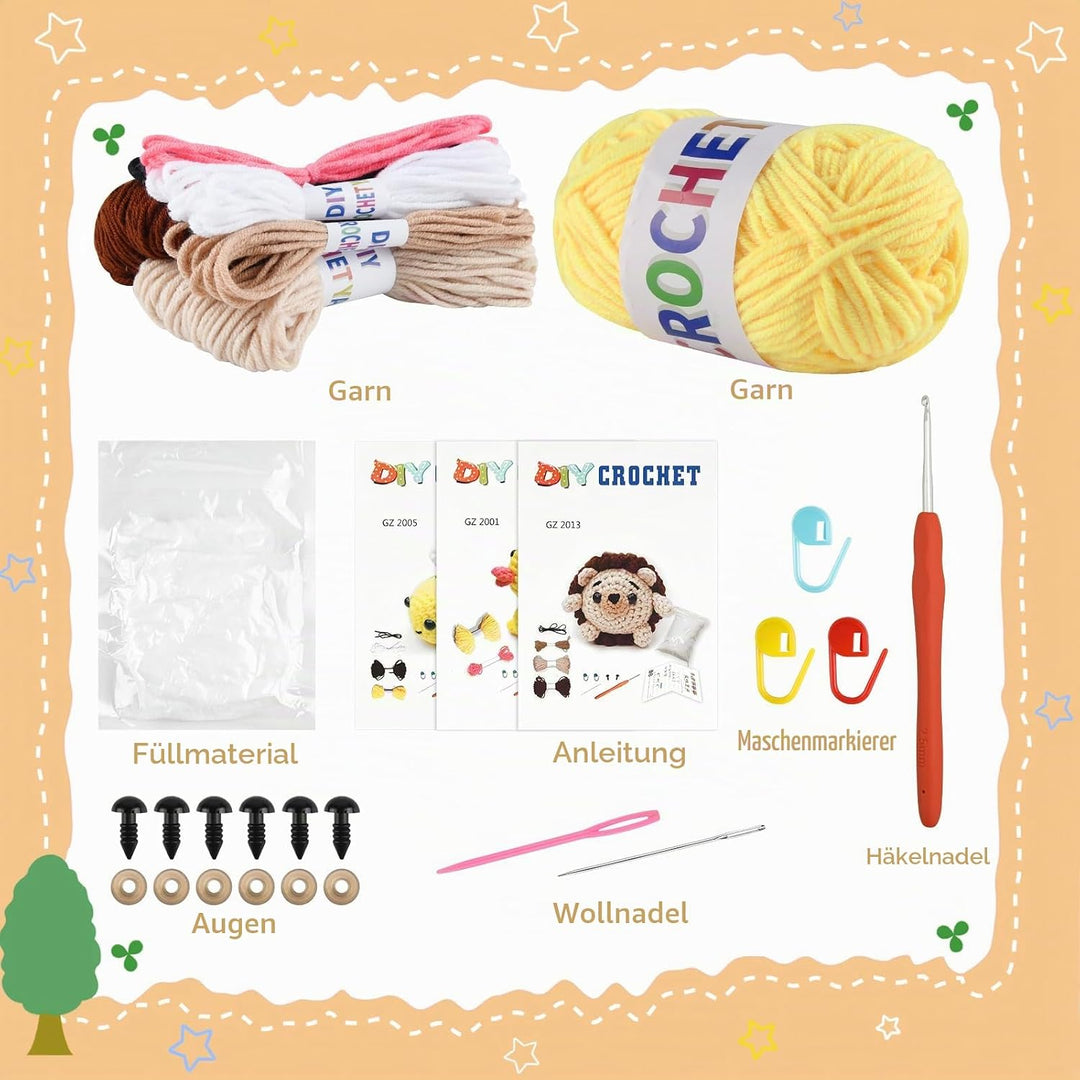 ASTARON Crochet Kit, Häkelset für Erwachsene und Kinder, 3 süsse Häkeltiere – Igel, Biene, Ente, Häk