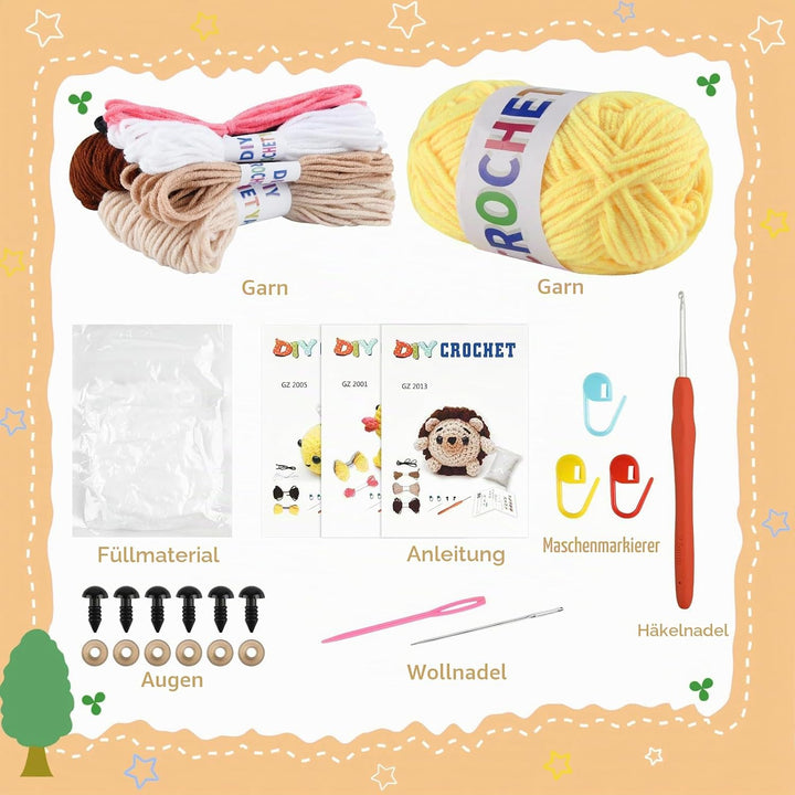 ASTARON Crochet Kit, Häkelset für Erwachsene und Kinder, 3 süsse Häkeltiere – Igel, Biene, Ente, Häk