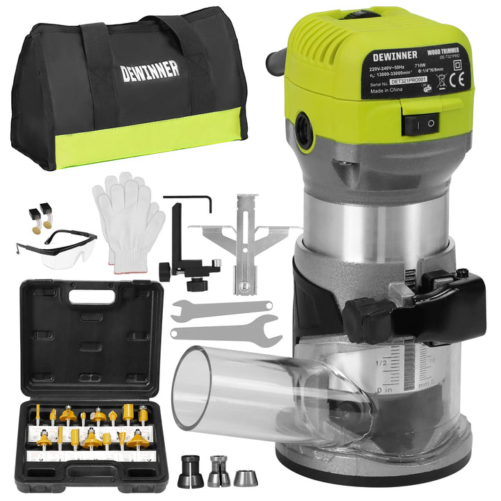 DEWINNER Router 710W Edge Router 13000-33000 RPM 6 Speed Levels 3 Clamps 1/4" and 8mm Professional L