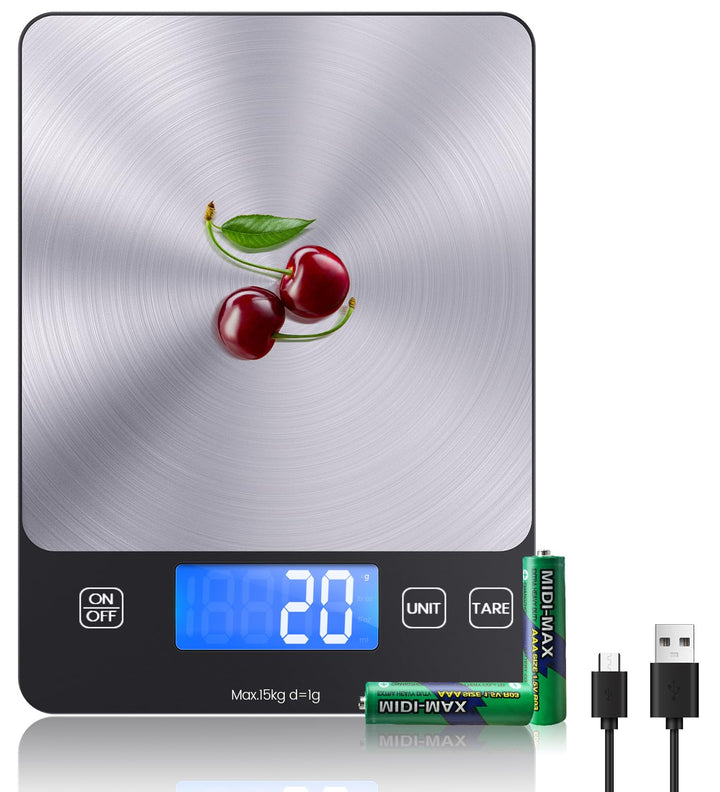 Digitale Küchenwaage, USB C Elektronik Küchenwaage, 15 kg Hochpräzise 1g/0.03oz Lebensmittelwaage, P