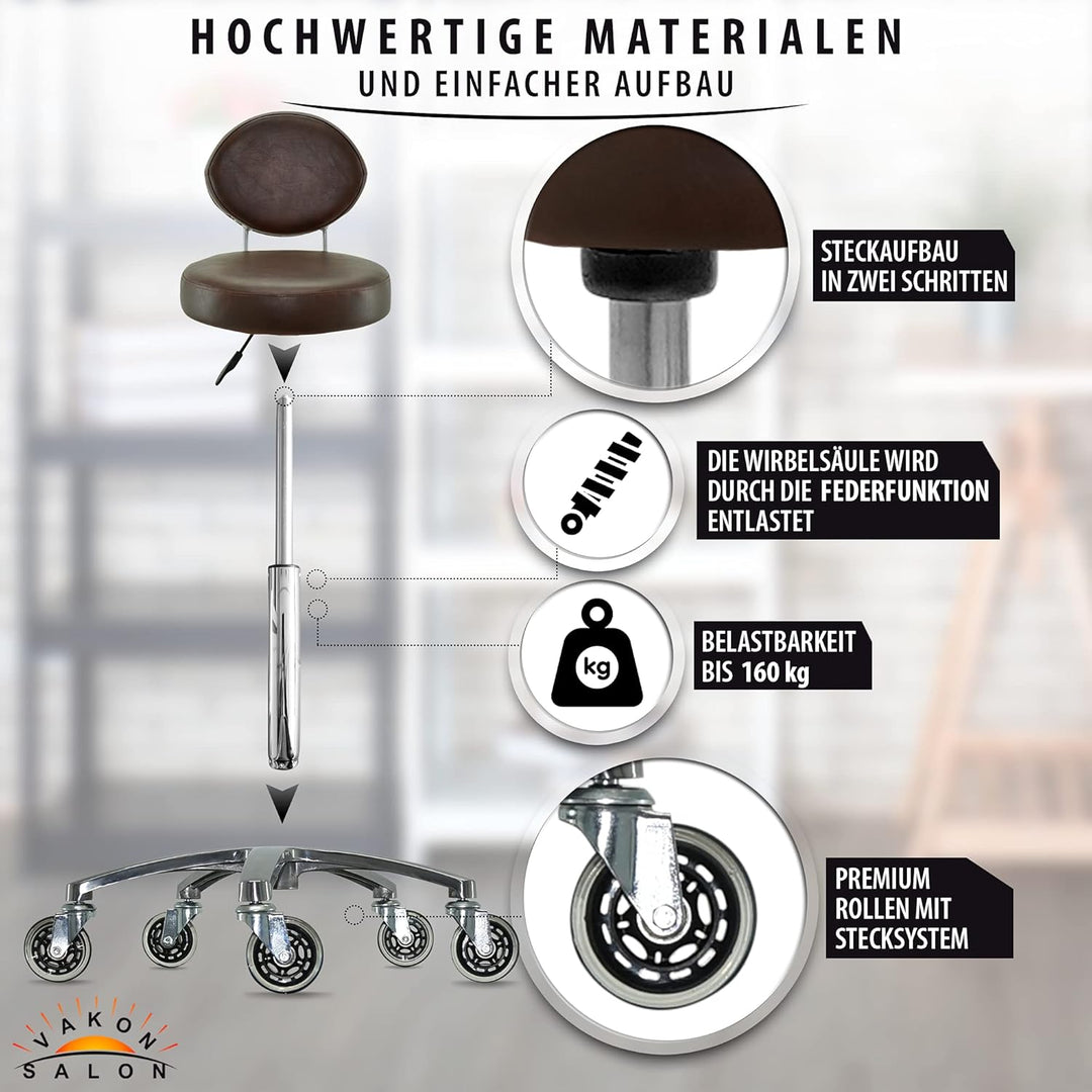 Premium Rollhocker braun mit ovaler Lehne höhenverstellbar von 50 bis 65 cm - Rundsitz- Drehhocker A