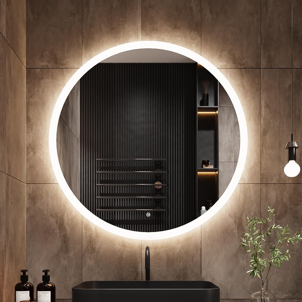 90cm Runder Badspiegel mit Beleuchtung, 3D Edge Lighting, 3 Farbtemperaturen, Dimmbar, Badezimmerspi
