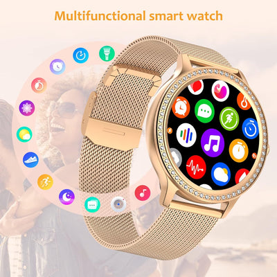 Nendefin Smartwatch Damen mit Telefonfunktion，Smart Watch mit Diamanten Armband，Sprachassistent Fitn