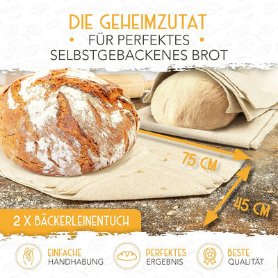 KRUSTENZAUBER Bäckerleinen und Bäckermesser Set - 2x Leinentuch 75x45cm + 2x Teigmesser - Brot Backe