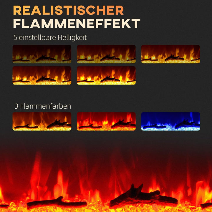 HOMCOM Elektrokamin, Wandkamin mit Heizung 1800 W, LED 3D-Flammeneffekt, Kristalle, in 3 Farben mit